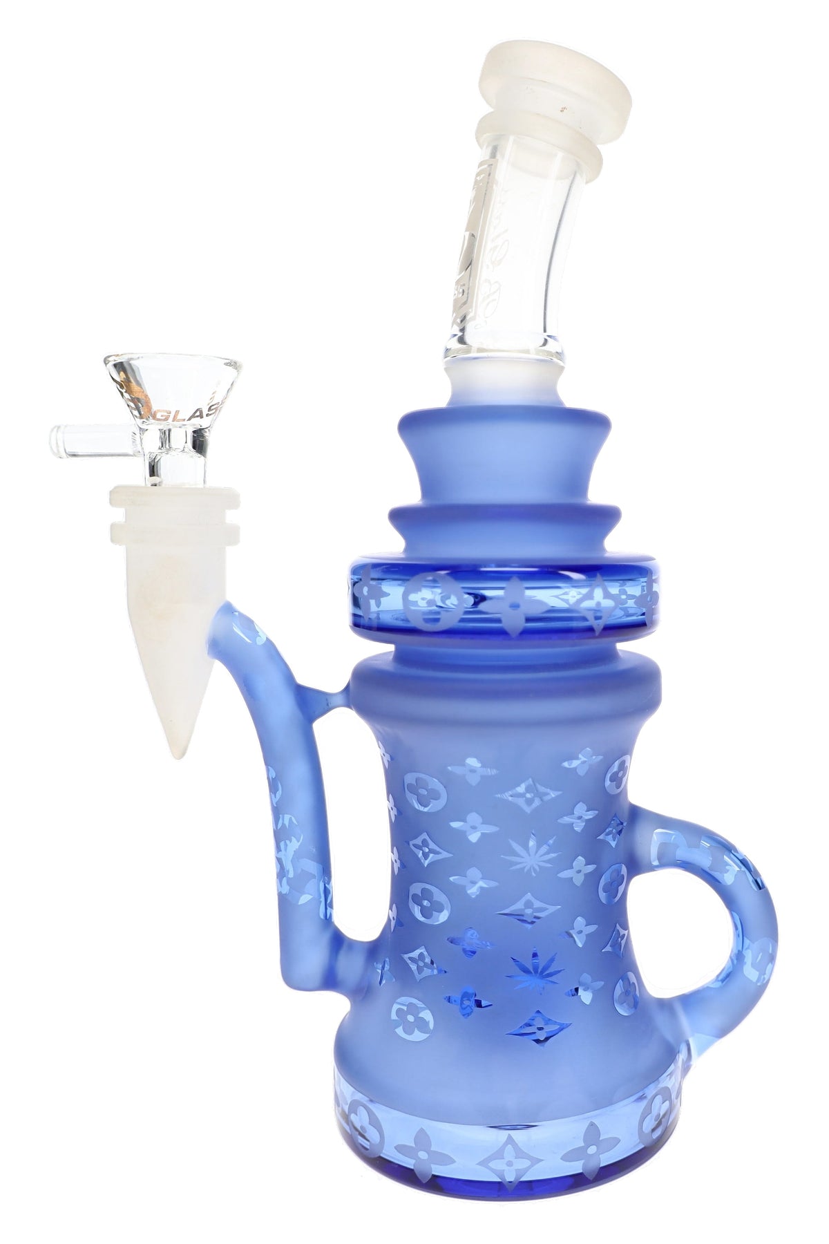 Reverse view of blue 6B Glass patterned recycler bong showing the external loop, frosted body, and side joint.