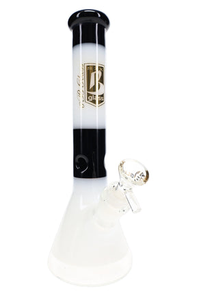Black and white 6B Glass beaker bong with gold neck branding, ice pinch, and clear handled glass bowl.