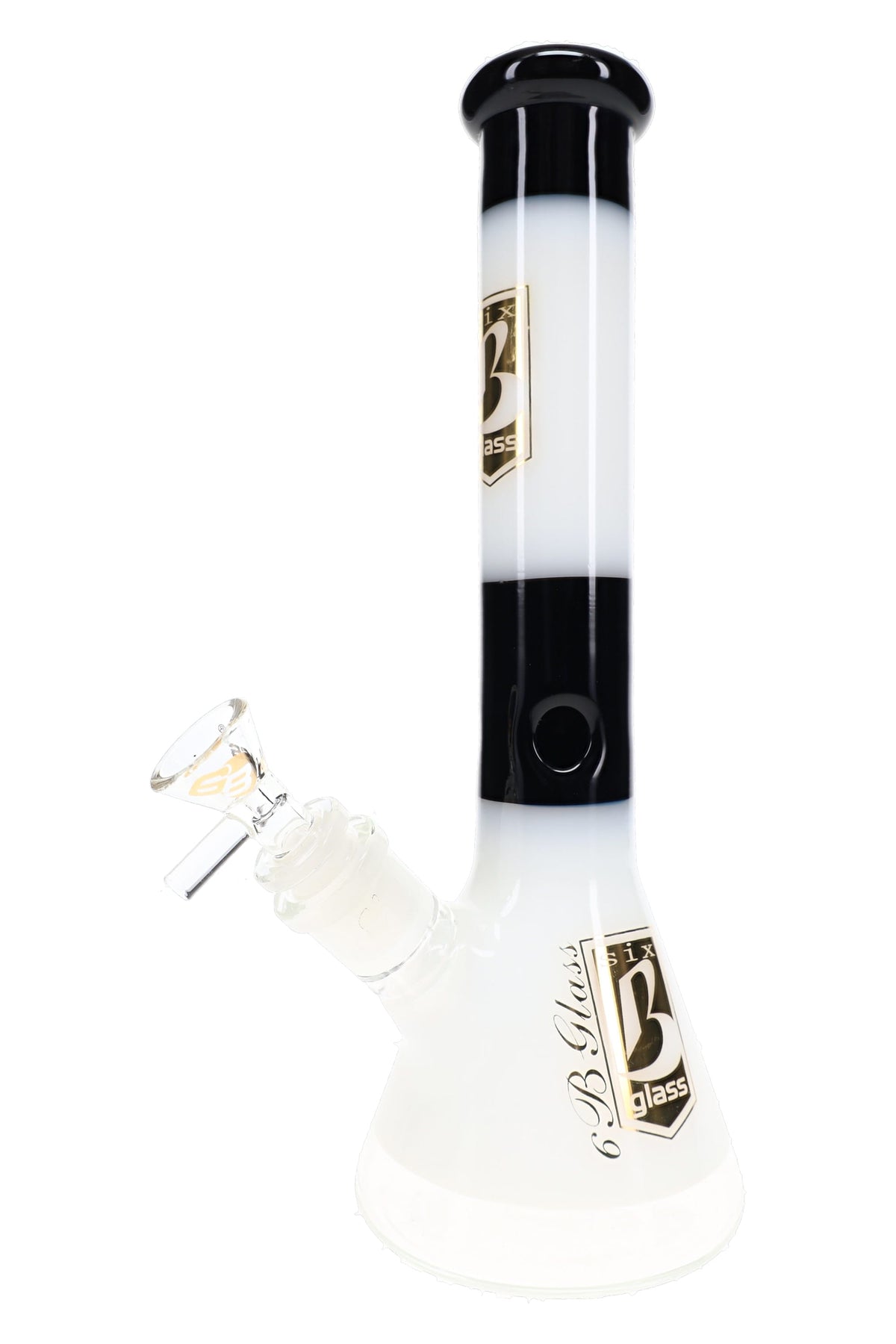 Reverse view of black and white 6B Glass beaker bong showing gold body branding and the glass bowl connection.
