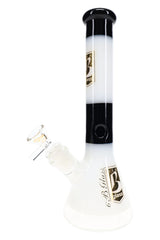 Reverse view of black and white 6B Glass beaker bong showing gold body branding and the glass bowl connection.