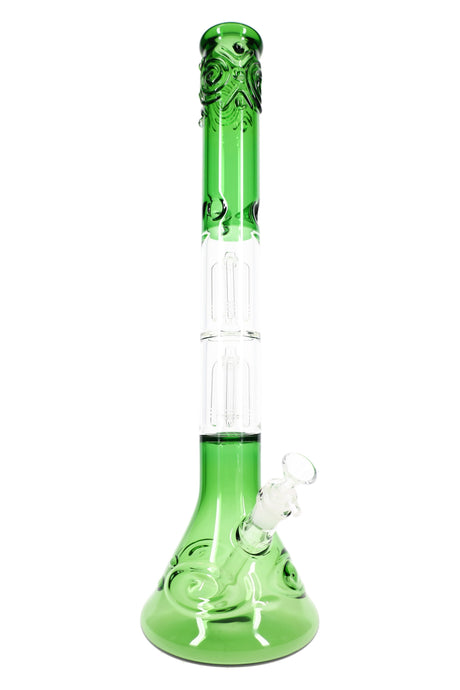 Green GoG beaker bong with flared base, angled 18.8mm joint, and tall straight neck, full product view.