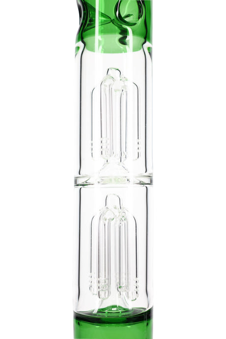 Close-up of dual four-arm tree perc chambers inside clear tube of GoG beaker bong for extra filtration.