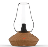 Zenco Duo Wood desktop vaporizer front view with woodgrain base, clear glass, and smooth tabletop style