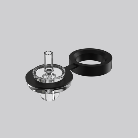 Dr. Dabber XS carb cap assembly with clear glass stem and black leash ring accessory for portable e-rig use
