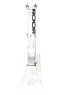Clear ROOR Tech 18″ stemless beaker bong with dome, 10-arm tree and showerhead percs, ice pinch, 18.8 mm joint, black decal, wide beaker base.