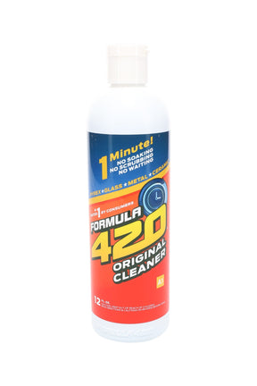 12-ounce bottle of Formula 420 Original Cleaner featuring red and blue label stating “1 Minute! No soaking, no scrubbing” for Pyrex, glass, metal, ceramic.