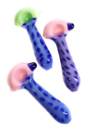 4½″ multicolor bubble glass spoon with dotted bowl, marble roll-stopper, and side carb, shown in assorted colors.