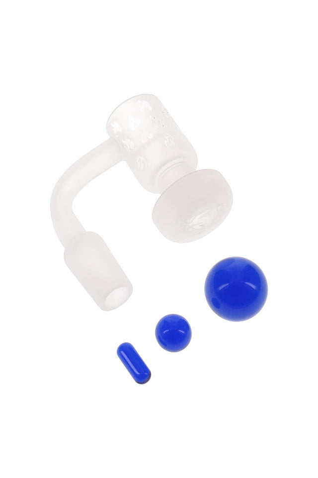 Frosted quartz terp slurper banger with 14.5 mm male joint and flat-top rim, shown with cobalt blue marble, pearl, and pillar set.