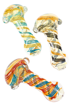 4″ color-changing glass hand pipe with multicolor swirl striping and classic spoon bowl; compact dry-herb piece, assorted colors.