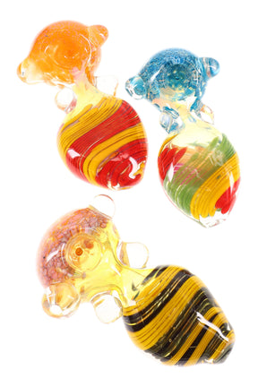 4–5″ color-changing glass spoon pipe with multicolor swirl-striped stem, frit bowl, and clear marble roll-stops, shown in assorted colors.