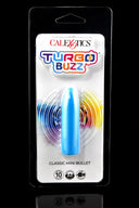 Light blue Turbo Buzz Classic Mini Bullet vibrator in blister pack with tapered tip, 10 modes, IPX7 waterproof, USB rechargeable.