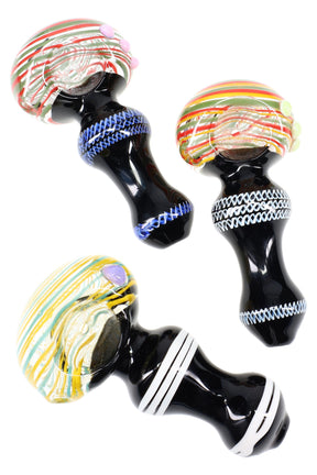 4½″ black glass spoon with clear multicolor striped bowl and small marble roll-stoppers, shown in assorted colors.
