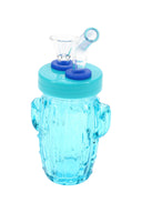 Bright blue 3.5-inch cactus cup style glass water pipe with teal top, clear bowl, and angled mouthpiece shown upright