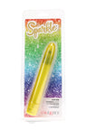 Yellow glitter Sparkle slim vibrator packaged on rainbow card showing 3-speed, waterproof, push-button details and a slim, rounded-tip design.