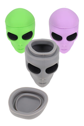 2-inch silicone alien head storage jar for wax concentrates, assorted green purple grey colors with lid on and off