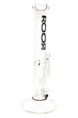 ROOR Tech 14-inch straight tube bong, clear 5 mm glass with showerhead perc and side ice-pinch grips, black decal.