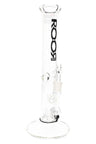 ROOR Tech 14-inch straight tube bong, clear 5 mm glass with showerhead perc and side ice-pinch grips, black decal.