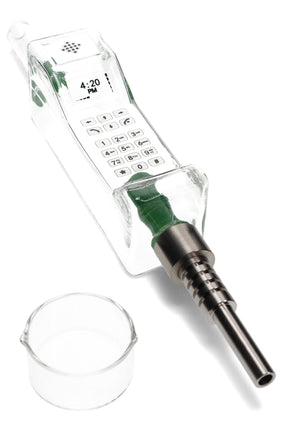 Clear phone dab straw kit angled view with green joint detail, attached metal tip, and separate quartz dish for concentrates.
