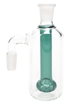 Teal-perc 90-degree ash catcher highlighting frosted 14.5 mm joints and internal showerhead diffuser.
