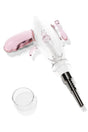 Glass ray-gun dab straw kit with light pink grips, screw-on metal tip, and quartz dish; portable 8-inch concentrate tool.