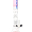ROOR Tech 18″ multicolor beaker bong showing triple percs, stemless design, ice catcher, pink-and-white tube with blue decal, wide beaker base.