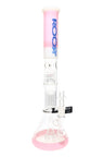 ROOR Tech 18″ multicolor beaker bong showing triple percs, stemless design, ice catcher, pink-and-white tube with blue decal, wide beaker base.