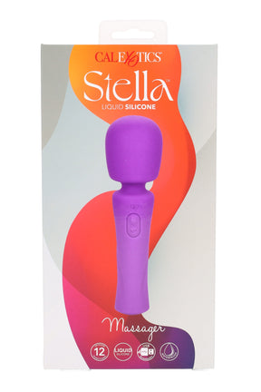 Purple liquid silicone wand massager with rounded head; 12 vibration modes; waterproof, USB-rechargeable.