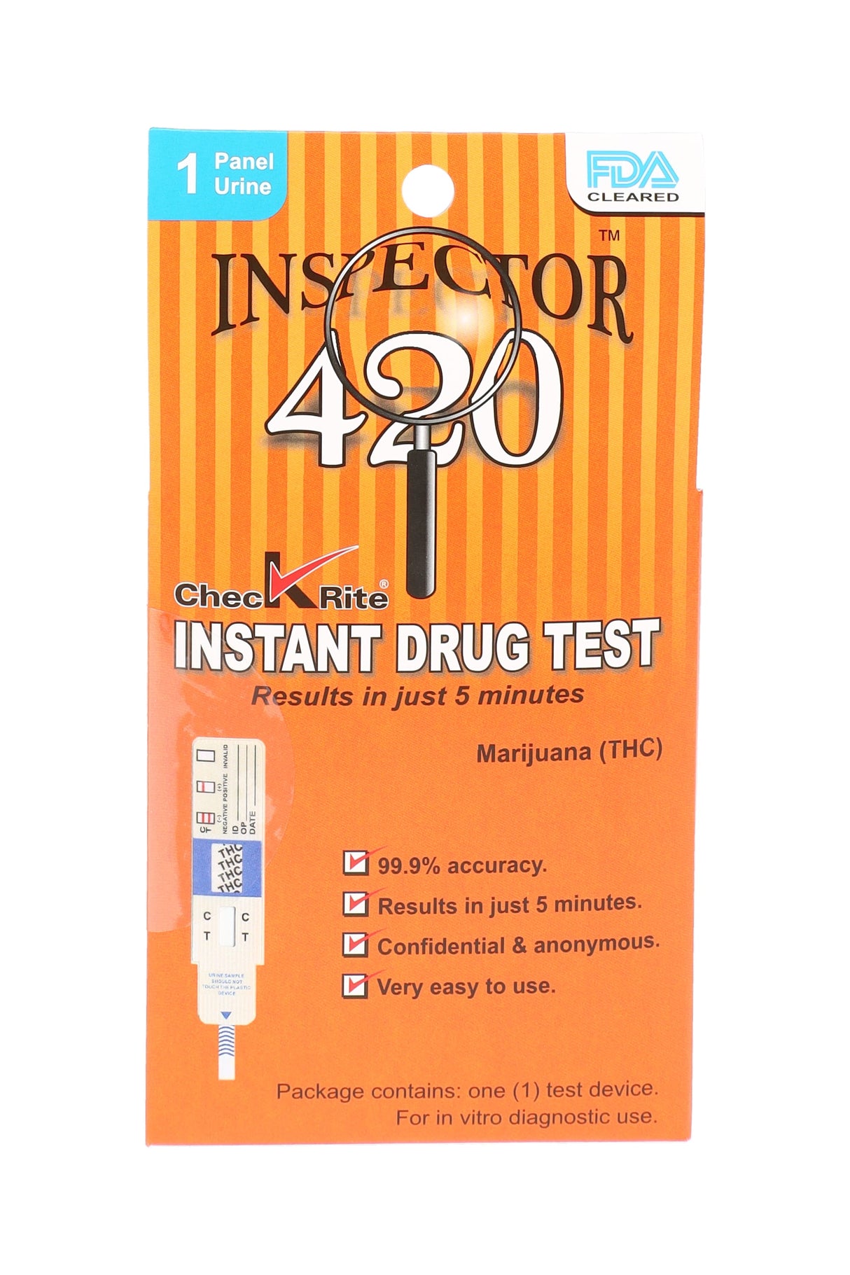 Inspector 420 1-panel THC urine drug test single package with test device pictured, highlighting five-minute results and FDA-cleared badge.