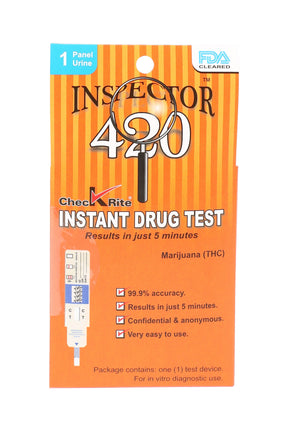 Inspector 420 1-panel THC urine drug test single package with test device pictured, highlighting five-minute results and FDA-cleared badge.