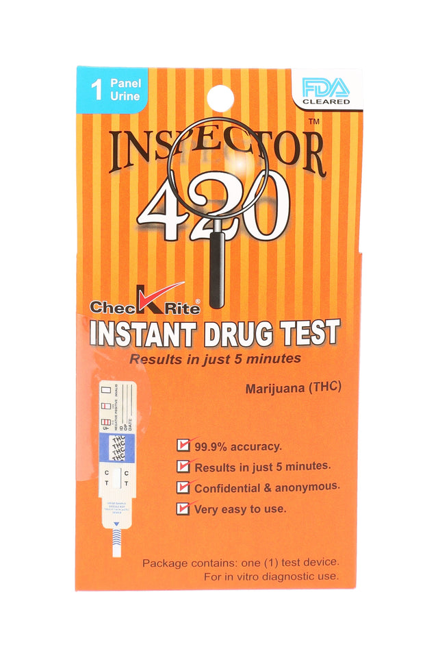 Inspector 420 1-panel THC urine drug test single package with test device pictured, highlighting five-minute results and FDA-cleared badge.
