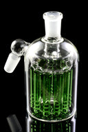 Close-up of green tree-perc glass ash catcher, showing 14.5 mm female joint and 45° male joint connection for bongs.