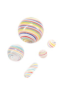 Rainbow–swirl quartz terp marble set with five pieces—large carb cap, valve marble, two pearls, and pill—floating on white background, bright stripes visible.