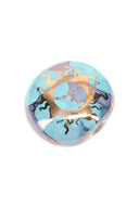 2-inch baby-blue ceramic smoke stone hand pipe with gold sun detail, compact disc shape.
