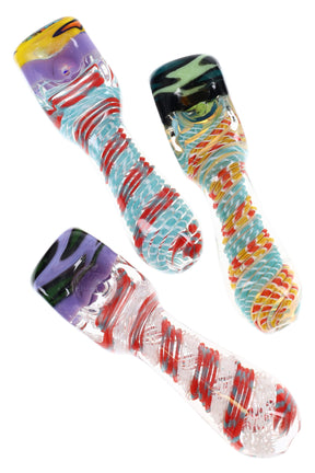 5″ clear reverse square glass spoon with multicolor spiral striping, side carb, and rounded mouthpiece; assorted color patterns, sold individually.