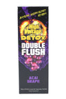 High Voltage Double Flush detox box, Açaí Grape flavor, purple splash with fruit image and 16 oz liquid + capsules note.