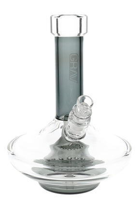 GRAV Small Wide Base glass bong in smoke gray with clear accents, 8.25″ tall with 14 mm bowl and conical fission perc.