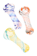 Three small striped glass spoon pipes with multicolor swirls arranged diagonally on a bright white background.