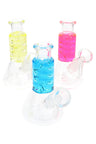 Mini beaker glass bong with fluid-filled spiral coil neck and glass-on-glass herb bowl, clear base and bright colored liquid accents, compact design.
