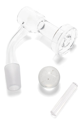 Overhead of GRAV slurper bucket showing recessed dish, plus matching clear marble cap and quartz pillar; flat-top clear quartz design.