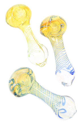 4″ color-changing glass hand pipe with tight spiral stripe and clear spoon bowl; compact, lightweight design in assorted color palettes.
