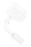 Close-up of a clear 30 mm quartz bucket banger with flat-top rim and 90° neck, ground glass joint detail.