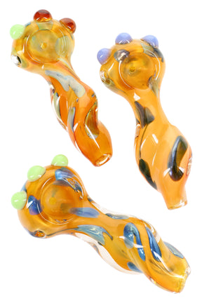 4″ gold fumed color-changing glass hand pipe with twisted body, dotted accents, and a marble grip; compact spoon style; colors vary by piece.