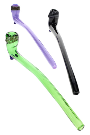 11-inch clear borosilicate sherlock pipe with multicolor striped bowl and stabilizing glass marble feet, long curved stem, front-angled view on white background.