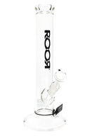 Clear ROOR Zumo 14-inch straight tube with black vertical ROOR logo, glass-on-glass downstem and bowl on wide round base.