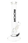Clear ROOR Zumo 14-inch straight tube with black vertical ROOR logo, glass-on-glass downstem and bowl on wide round base.