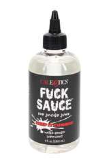 Fuck Sauce 8 oz water-based lubricant bottle with black label, red lettering, and twist-top cap