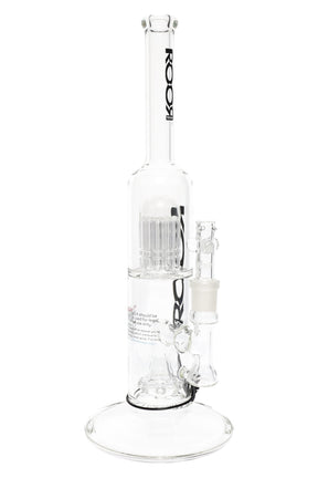 Side view of ROOR Tech 14-inch straight tube water pipe showing stacked tree to showerhead percolator and glass-on-glass bowl.