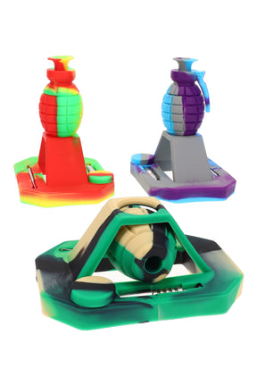 Silicone grenade dab straw kits on matching stands in multicolor designs with metal tip and built-in jar; compact 6½-inch setup.