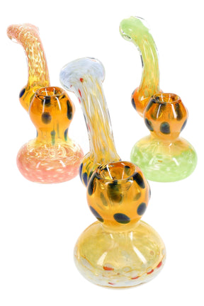 Small gold-fumed frit glass sherlock bubbler with dotted bowl, curved neck, and round water chamber in assorted colorways.