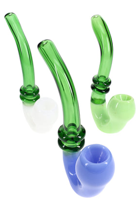 Standing colored glass sherlock hand pipe, 6 inches, with neon bowl and dual ring accents in assorted colors, sold individually.
